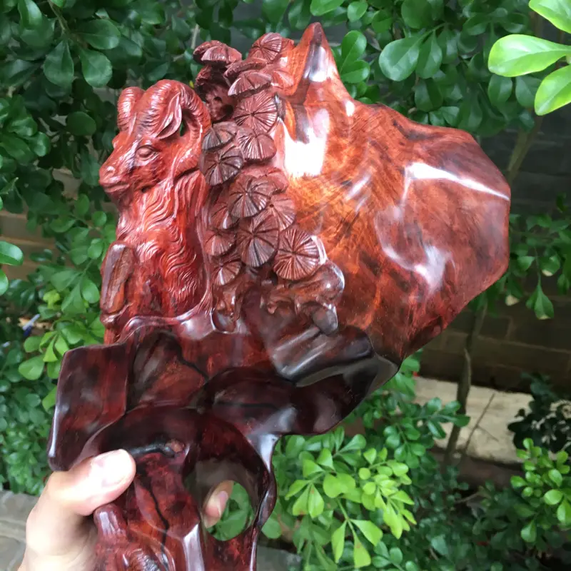 【海南黄花梨精品紫红油梨摆件(三阳开泰),水波纹,山水纹,大实心料镂空精雕,大师亲工精雕,家里办公室摆放也是一道美丽的风景,规格:高:430mm,宽:150mm,厚:155mm,克重:1825克。(备注所有规格与克重不包含底座)】图6