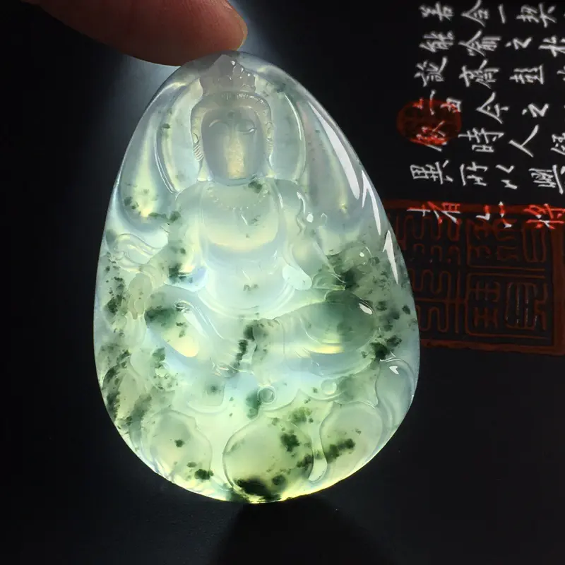 【冰糯种飘花观音吊坠 尺寸62-43-7毫米 水润通透 飘花灵动 品相完美】图8