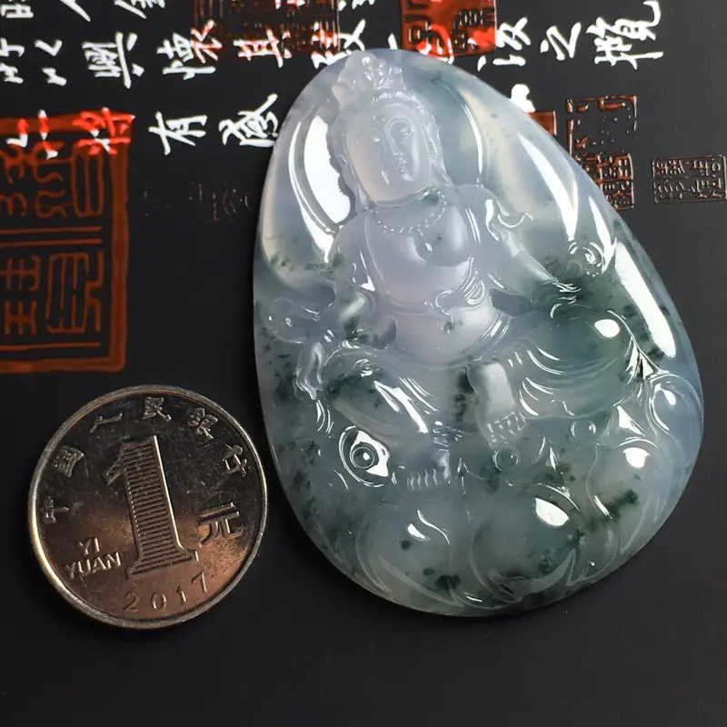 【冰糯种飘花观音吊坠 尺寸62-43-7毫米 水润通透 飘花灵动 品相完美】图5