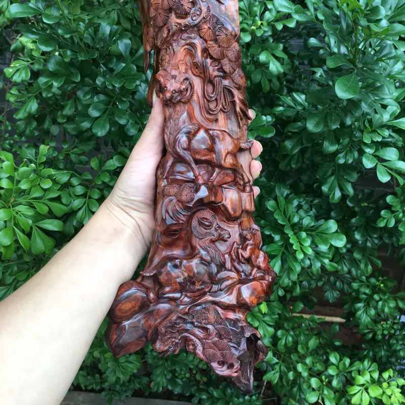【海南黄花梨精品油梨摆件(三阳开泰),黄金虎皮纹,水波纹,山水纹,大实心料镂空精雕,大师亲工精雕,家里办公室摆放也是一道美丽的风景,规格:高:570mm,宽:160mm,厚:90mm,克重:1229克。(备注所有规格与克重不包含底座)】图8