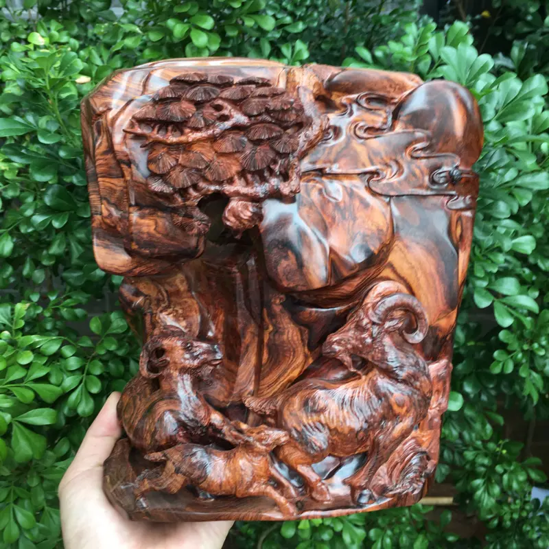 【海南黄花梨精品油梨摆件(三阳开泰),黄金虎皮纹,水波纹,山水纹,大实心料镂空精雕,大师亲工精雕,家里办公室摆放也是一道美丽的风景,规格:高:230mm,宽:210mm,厚:150mm,克重:2447.3克。(备注所有规格与克重不包含底座)##**】图1
