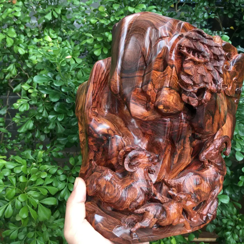 【海南黄花梨精品油梨摆件(三阳开泰),黄金虎皮纹,水波纹,山水纹,大实心料镂空精雕,大师亲工精雕,家里办公室摆放也是一道美丽的风景,规格:高:230mm,宽:210mm,厚:150mm,克重:2447.3克。(备注所有规格与克重不包含底座)##**】图2