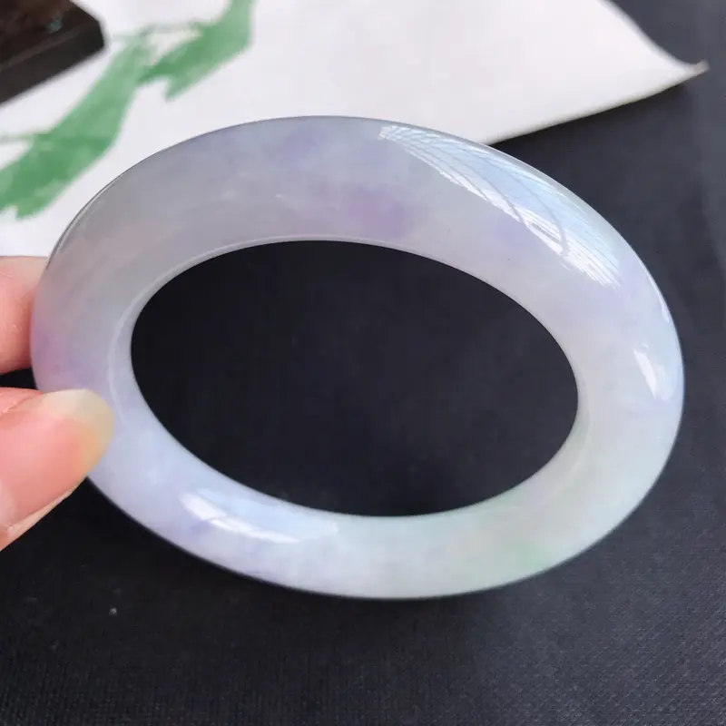 【圈口57mm天然翡翠A货老坑糯化种飘紫罗兰圆条手镯,圈口:57.4×12.3mm,料子细腻,水头好,版型端庄】图7