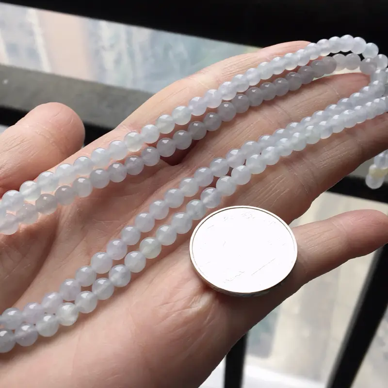 【缅甸翡翠A货白冰项链,也可以做手串,玉质细腻,大珠6.7mm,小珠4.7mm】图9