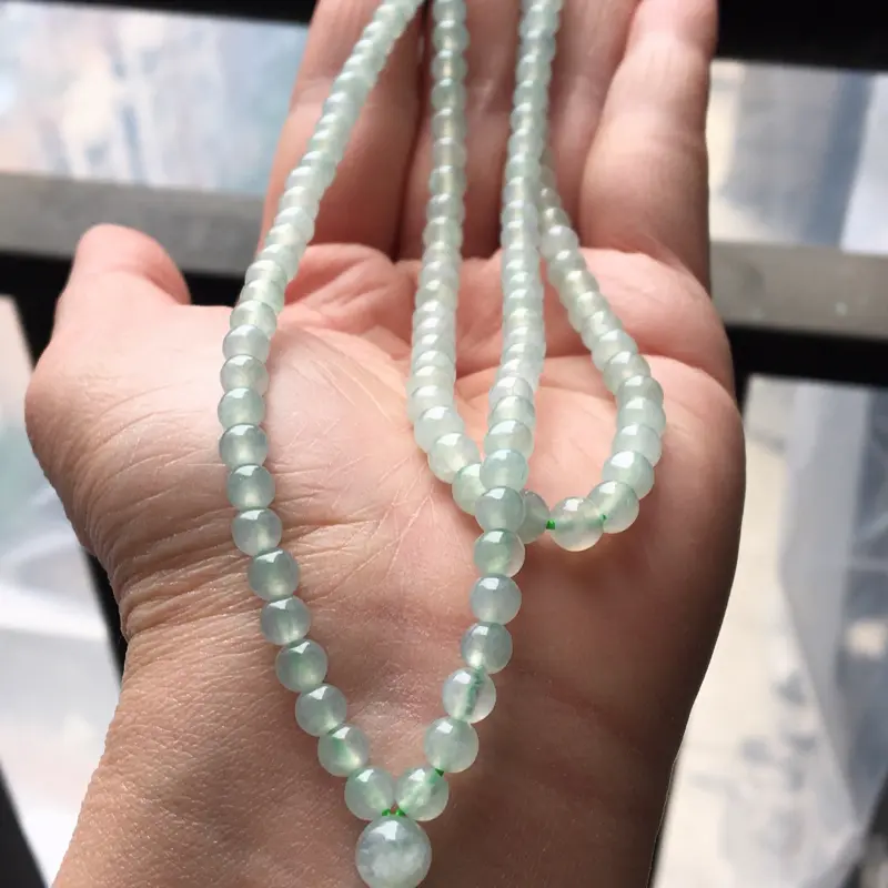 【缅甸翡翠A货晴水绿项链,也可以做手串,玉质细腻,大珠6.3mm,小珠4.5mm】图7