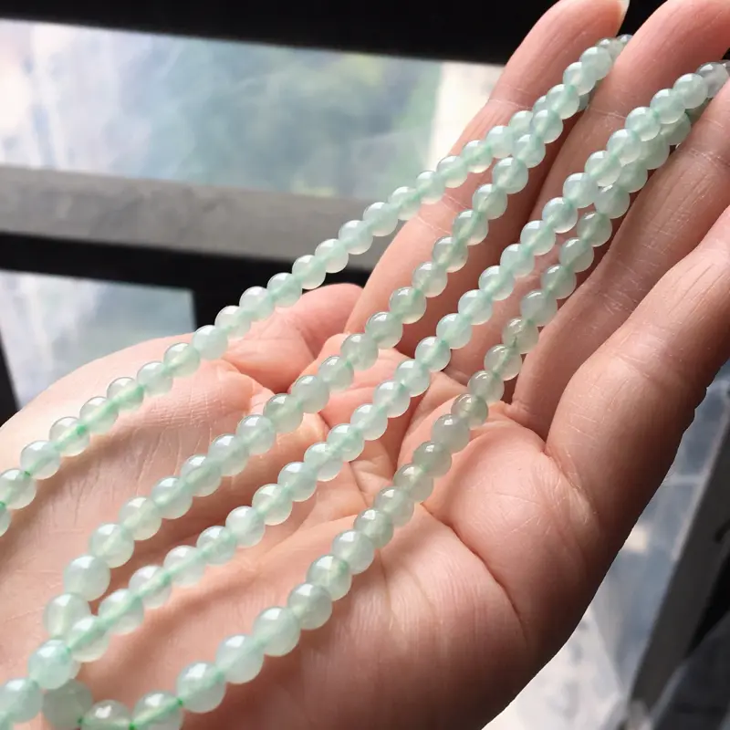 【缅甸翡翠A货晴水绿项链,也可以做手串,玉质细腻,大珠6.3mm,小珠4.5mm】图5