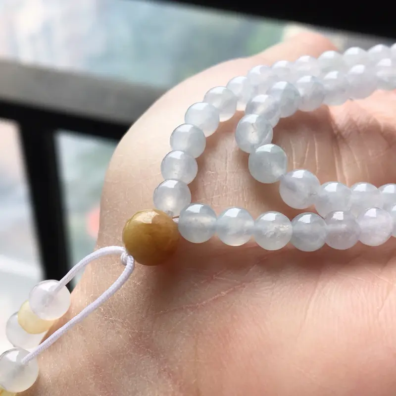 【缅甸翡翠A货白冰项链,也可以做手串,玉质细腻,大珠6.7mm,小珠4.7mm】图6