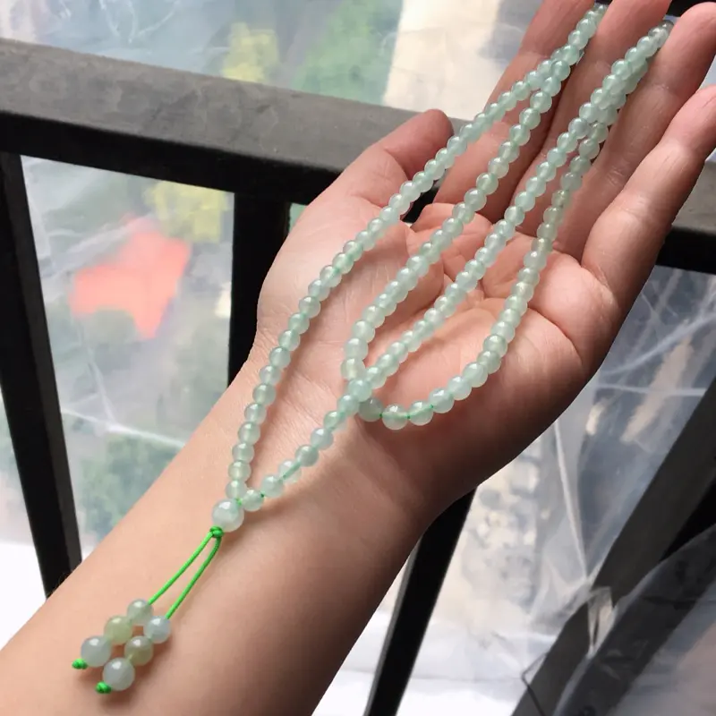 【缅甸翡翠A货晴水绿项链,也可以做手串,玉质细腻,大珠6.3mm,小珠4.5mm】图2