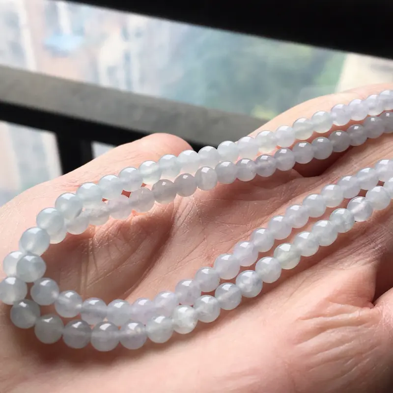 【缅甸翡翠A货白冰项链,也可以做手串,玉质细腻,大珠6.7mm,小珠4.7mm】图7