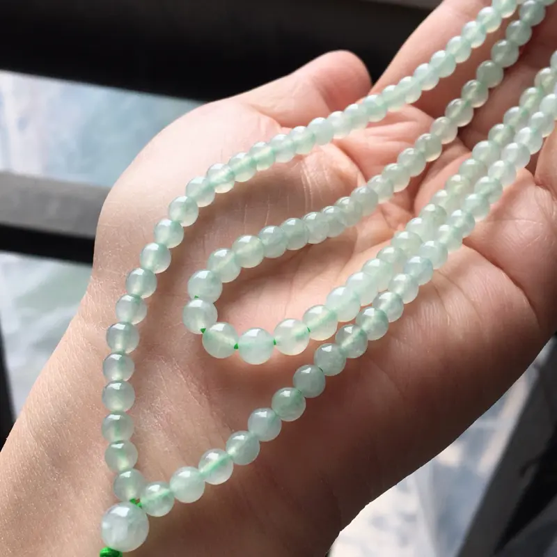 【缅甸翡翠A货晴水绿项链,也可以做手串,玉质细腻,大珠6.3mm,小珠4.5mm】图9