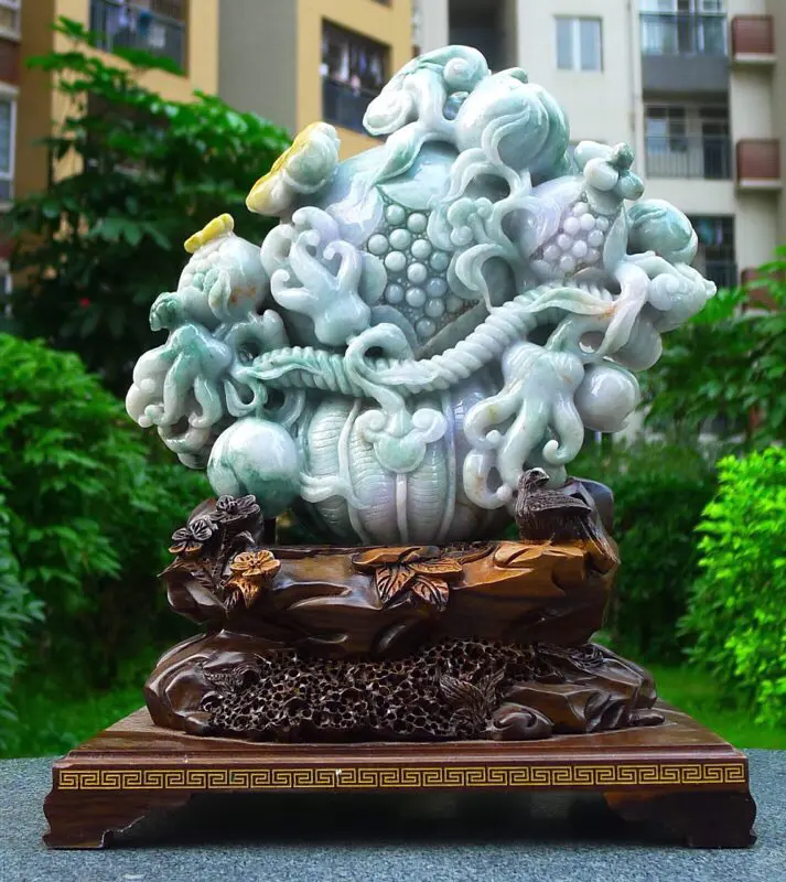 【大件花篮摆件 缅甸天然翡翠A货 精美水润 三彩 精美 花篮 福禄寿 多子多福 多子多福雕刻精美线条流畅种水好 搭配精美高档檀木底座 送礼佳品 尺寸 330.250.150裸石尺寸230.250.60裸石重量8.94斤 送礼佳品】图5