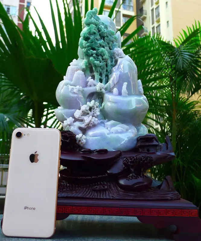 缅甸天然翡翠a货精美 春带彩 高山流水 山水摆件 雕刻精美线条流畅 种