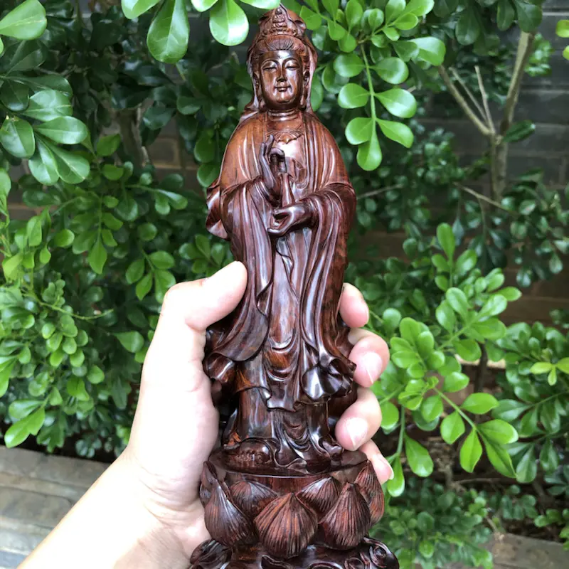 【海南黄花梨,紫油梨,(观音菩萨),雕工精赞,立体感美,线条美,纹理清晰,底色干净,色泽均匀,规格:高290mm,宽137mm,克重:643.9克,值得推荐!】图9