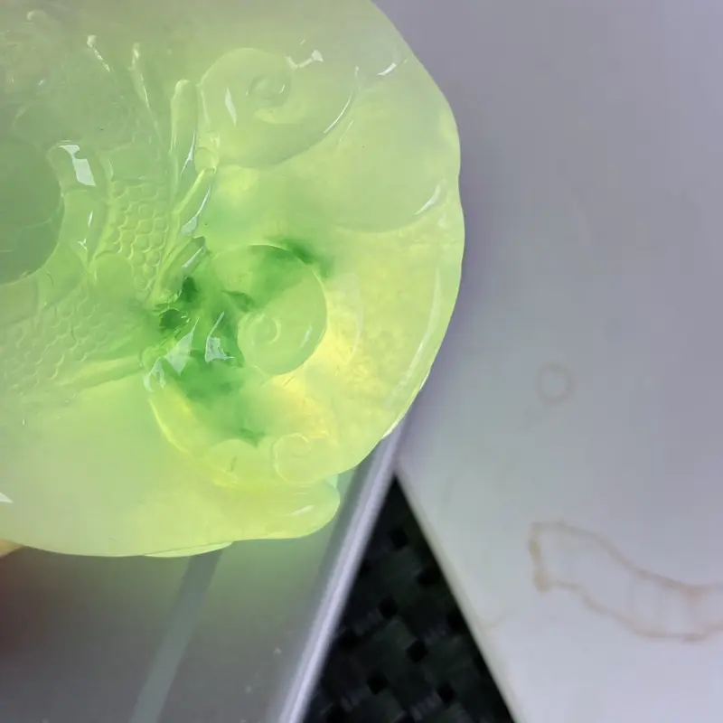 【A货翡翠-种好飘花游龙戏珠吊坠,尺寸-77.7*45.7*13mm】图10