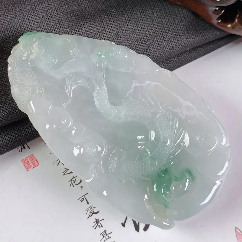 【A货翡翠-种好飘花游龙戏珠吊坠,尺寸-77.7*45.7*13mm】图8