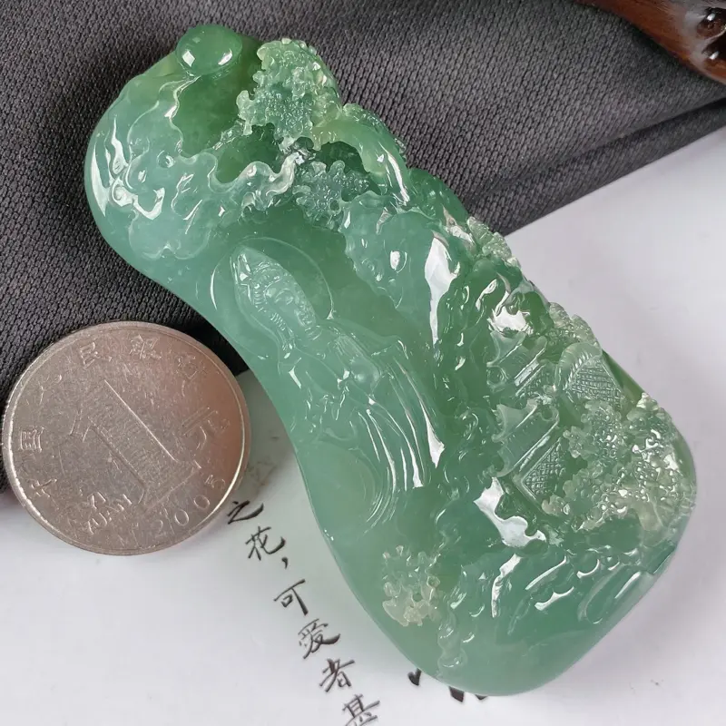 【A货翡翠-种好油绿山水观音菩萨吊坠,尺寸-72.1*36.3*13.4mm】图7