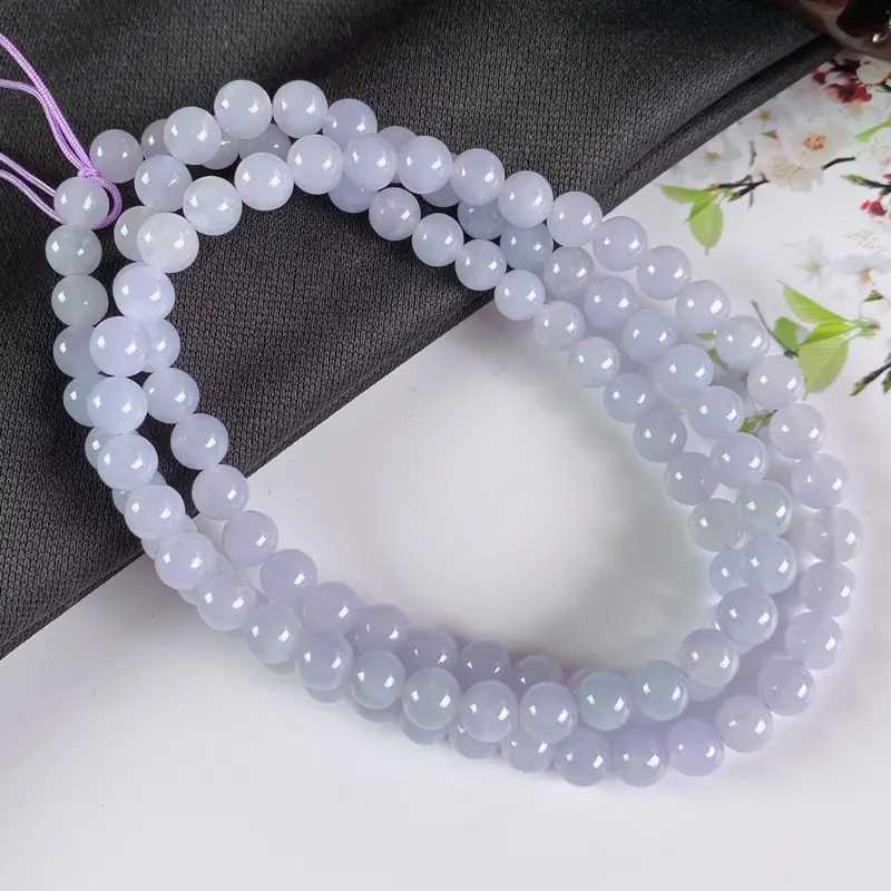 A货翡翠-种好紫罗兰圆珠项链，尺寸-6.6mm。
