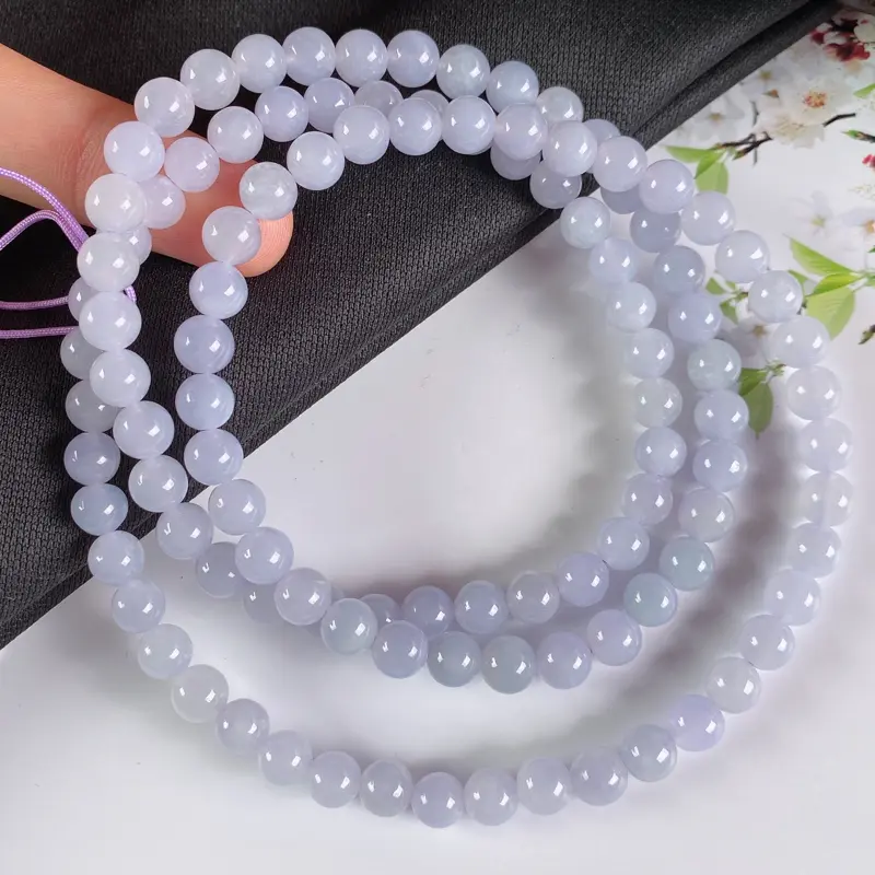 A货翡翠-种好紫罗兰圆珠项链，尺寸-6.6mm。
