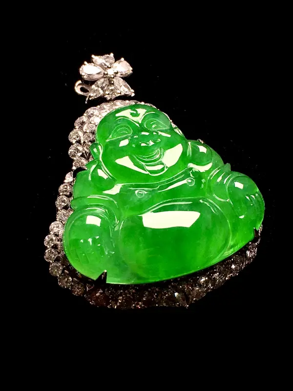 收藏品质阳绿佛公吊坠 豪华大钻镶嵌 翠色浓郁细腻 种色兼备 开脸端庄