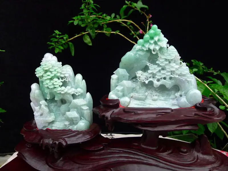 翡翠老坑水润飘绿精雕游山玩水，深山访友精品摆件 裸石尺寸135*115*38/125*130*40m
