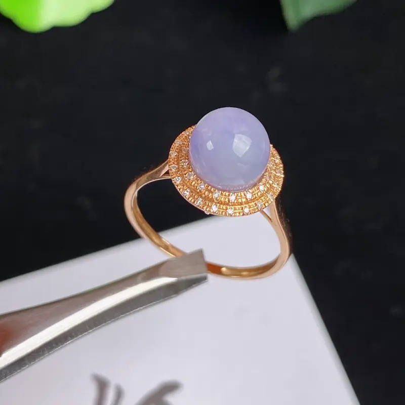 A货翡翠-种好紫罗兰18K金伴钻圆珠戒指，尺寸-裸石7.9mm整体11.3*11.5*9.9mm内径17mm13号