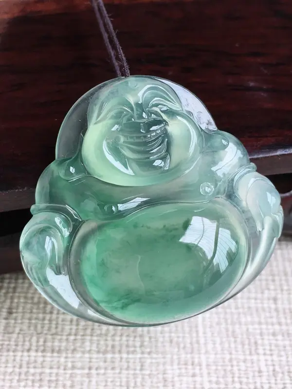 A货翡翠冰种满色弥勒佛佛公吊坠挂件，完美，尺寸31.3/33.5/6.8mm，重量10.03g