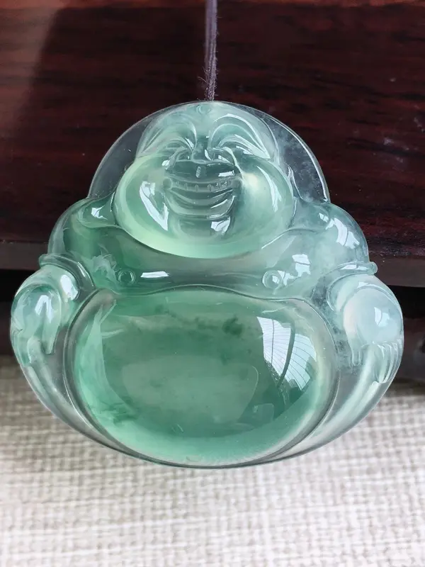 A货翡翠冰种满色弥勒佛佛公吊坠挂件，完美，尺寸31.3/33.5/6.8mm，重量10.03g