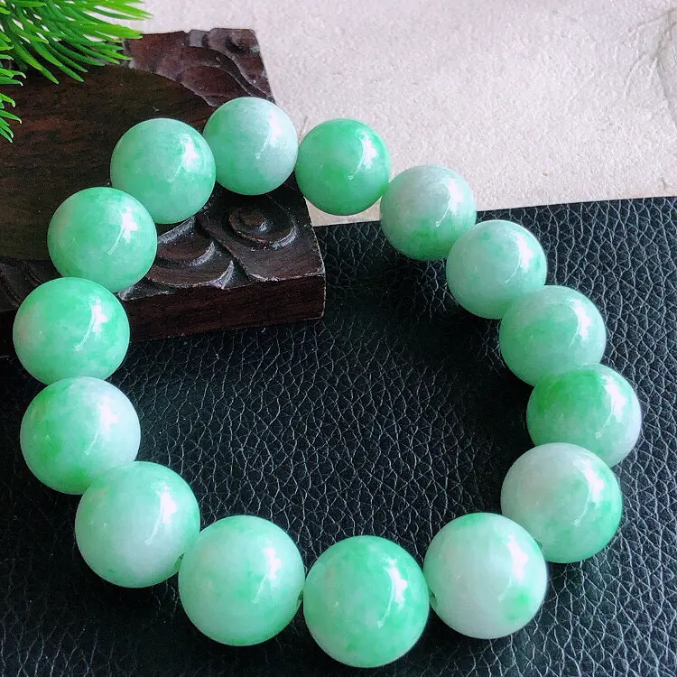 天然缅甸老坑翡翠A货绿色圆珠子手链，料子细腻柔洁，尺寸珠子直径15mm，重量87.4g