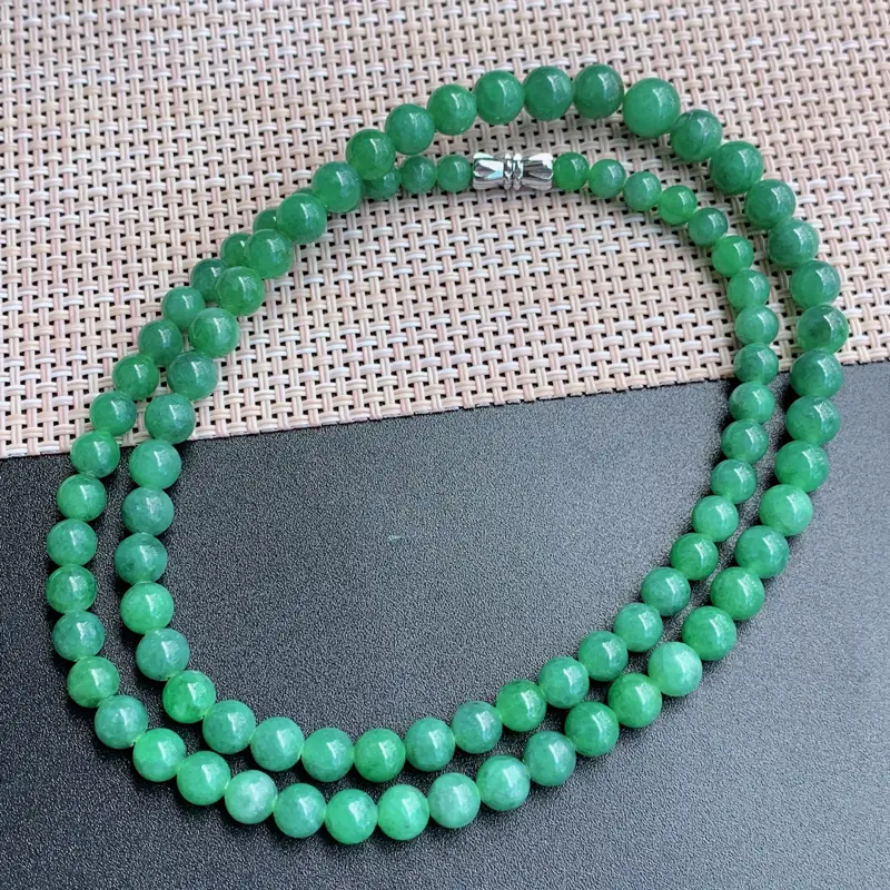 塔珠项链、尺寸：89颗5/8.1mm，A货翡翠满绿塔珠项链、编号0919