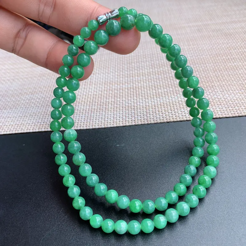 塔珠项链、尺寸：89颗5/8.1mm，A货翡翠满绿塔珠项链、编号0919