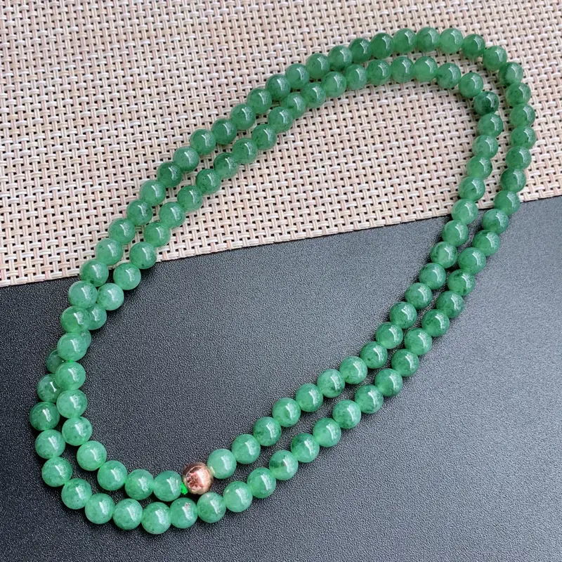 满绿项链、尺寸：108颗6.6mm，A货翡翠满绿圆珠项链、编号0920