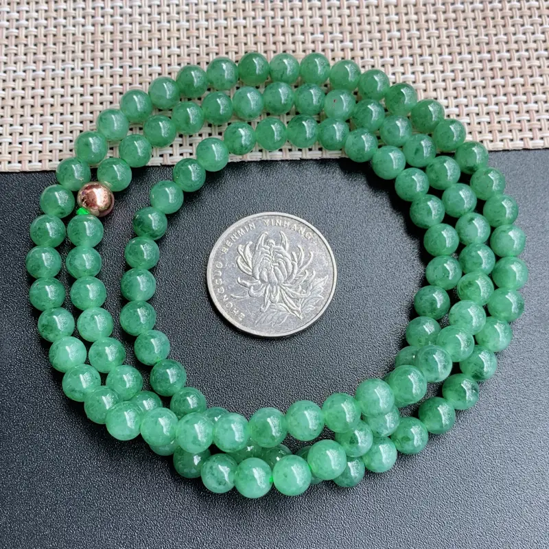 满绿项链、尺寸：108颗6.6mm，A货翡翠满绿圆珠项链、编号0920
