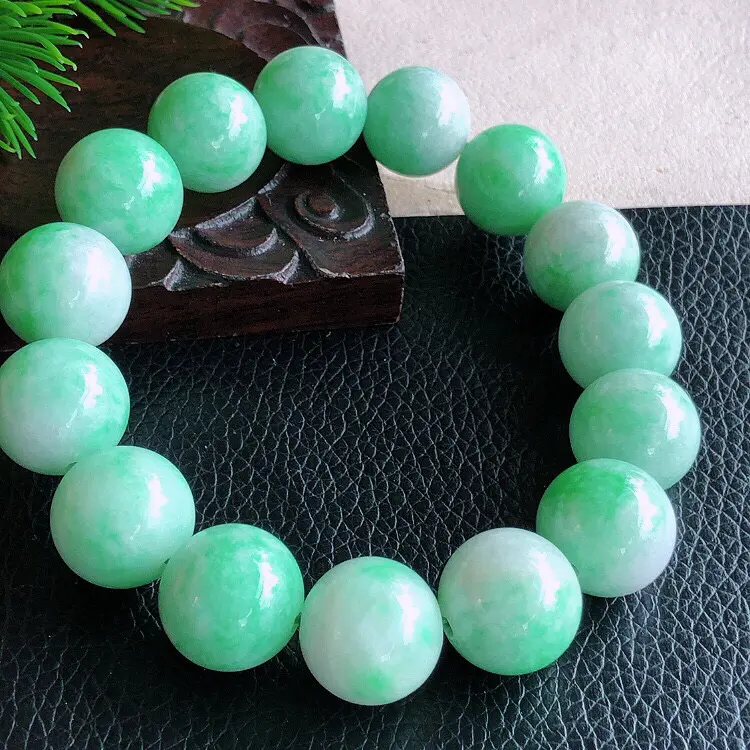 天然缅甸老坑翡翠A货绿色圆珠子手链，料子细腻柔洁，尺寸珠子直径15mm，重量87.4g