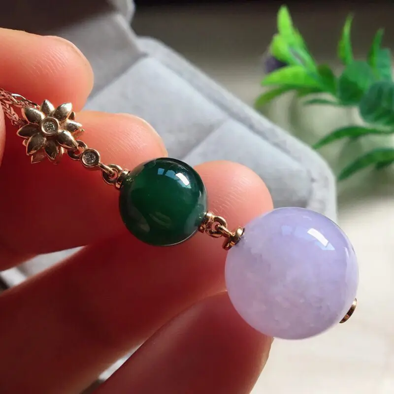 【红翡绿翠紫为贵,好漂亮的淡粉紫圆珠项坠,时来运转,财源滚滚,18K金伴钻镶嵌,尺寸41.9*14.2*9.6mm,耐看,送礼或自留佳选,值得拥有】图6