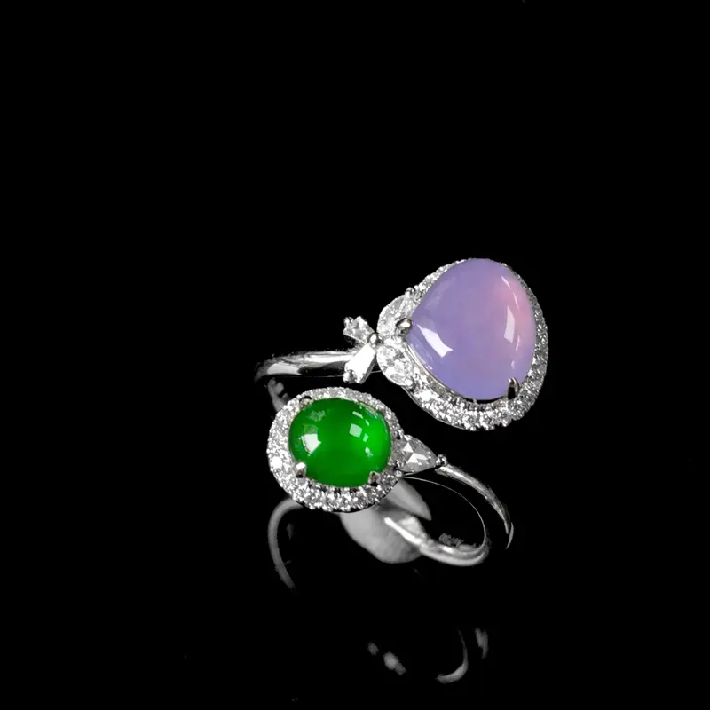 18K金镶翡翠戒指，紫石尺寸：7.8*8.5*6.5mm，绿石尺寸；5.5*5mm，圈口13.5
