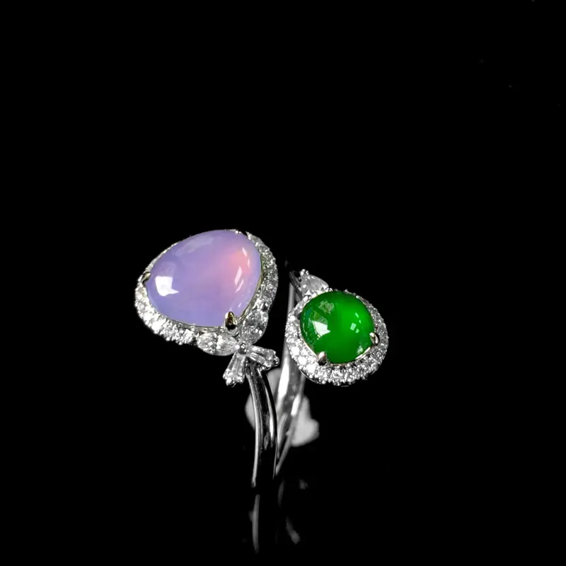 18K金镶翡翠戒指，紫石尺寸：7.8*8.5*6.5mm，绿石尺寸；5.5*5mm，圈口13.5
