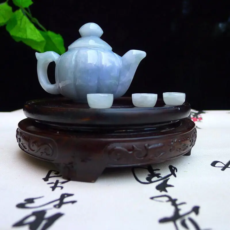 翡翠老坑水润浅蓝紫蓝瓜形小茶壶一套 小摆件 茶壶尺寸63.8*93*55mm 单个小杯尺寸16.2*8.2mm