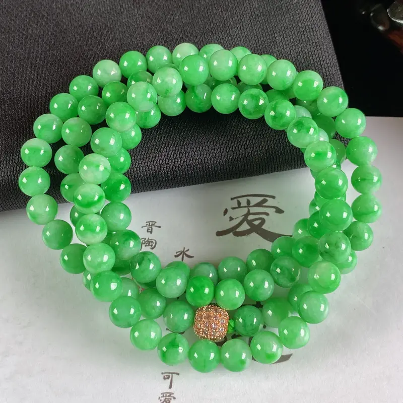 A货翡翠-种好满绿圆珠项链，尺寸-6.5mm。